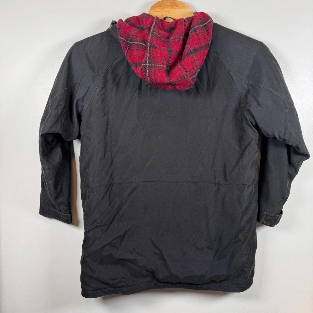 Woolrich Women Large Black Hooded Field Jacket Plaid‎ Quilt Lined Casual Vintage